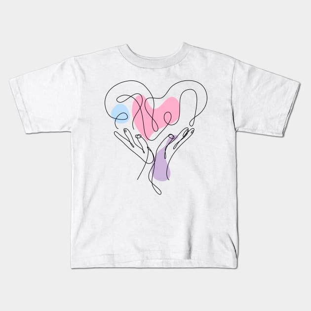 Heart Shaped Hand Draw One Continuous Line Valentines day Kids T-Shirt by Twiri